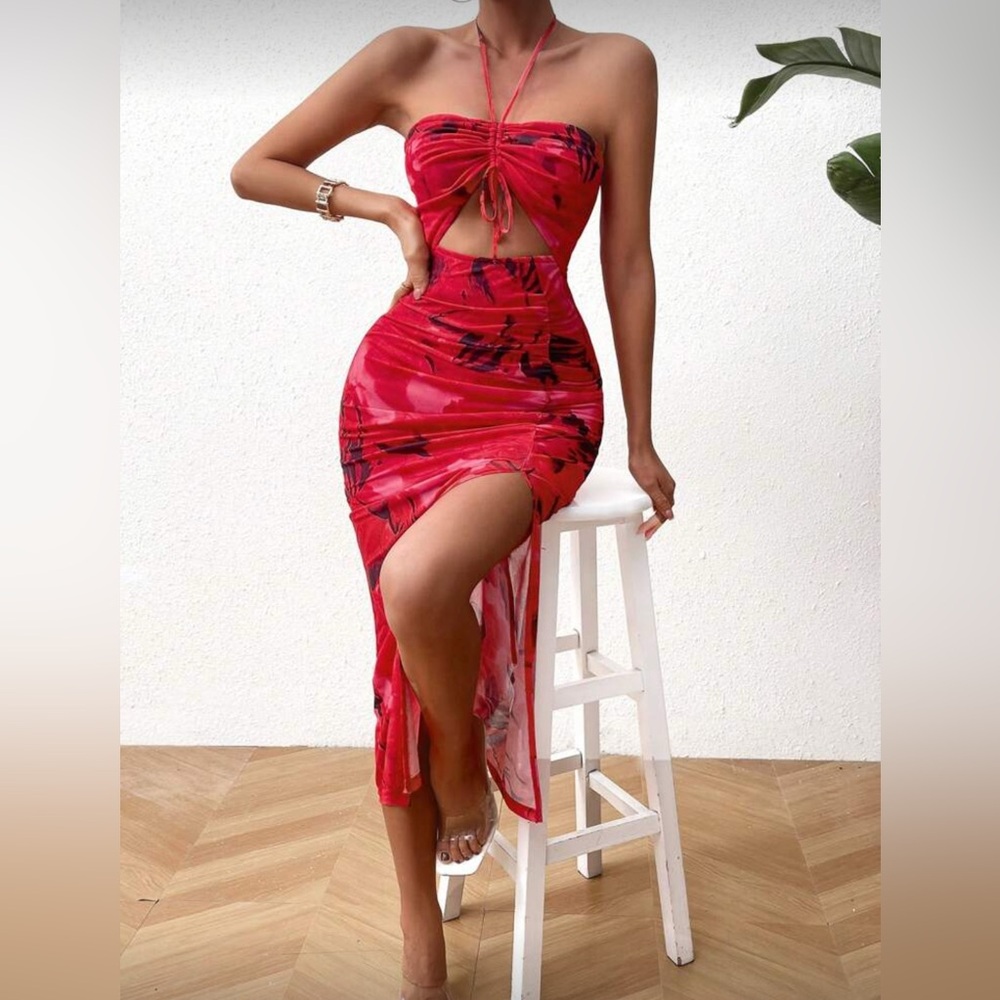 SHEIN Red Floral Halter Dress